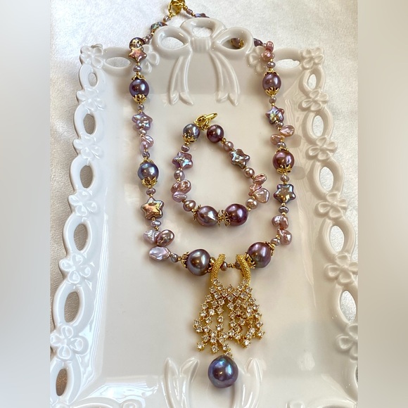 S33-High Quality Blueberry Edison Pearl And Star Nevklace And Bracelet Set